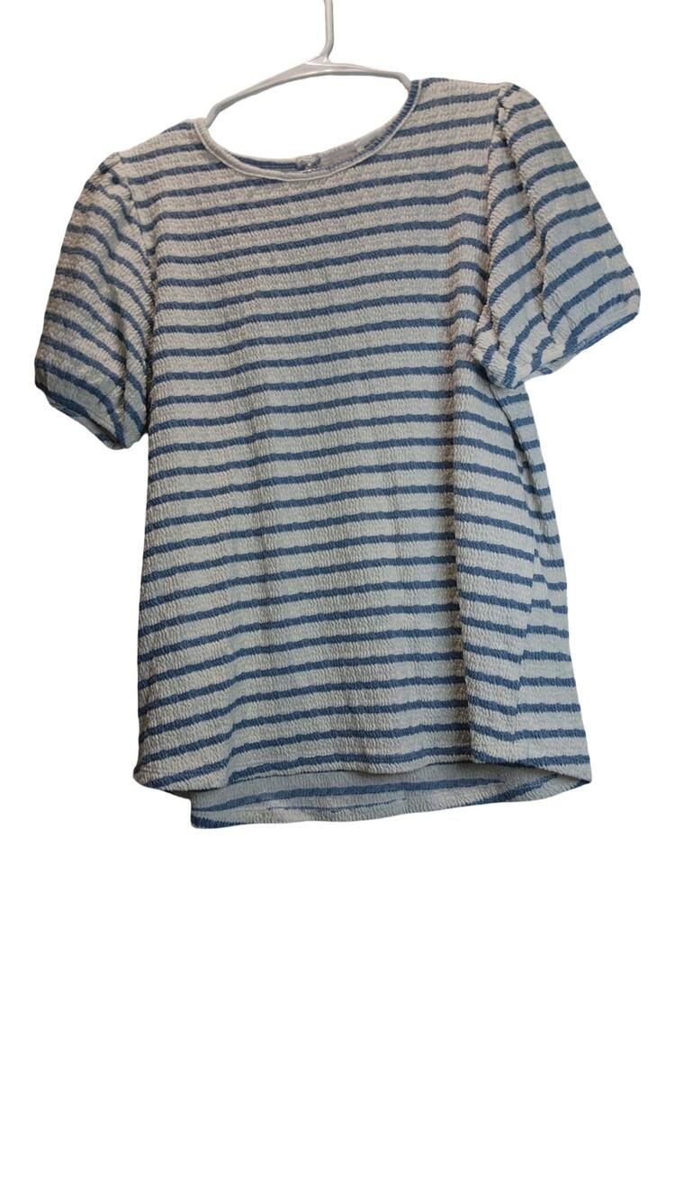 Mittoshop Blue White Striped Textured Puff Short Sleeve Knit Top Medium NWOT